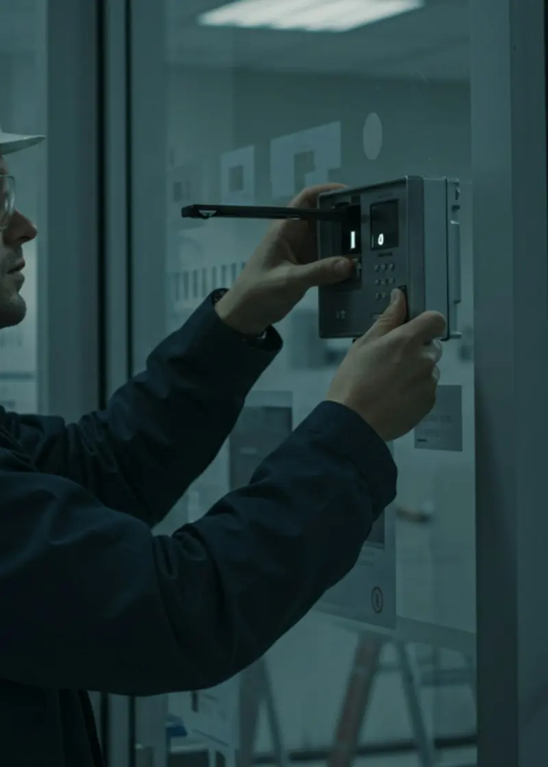 Techniker prüft eine Steuerung an einer Glastür