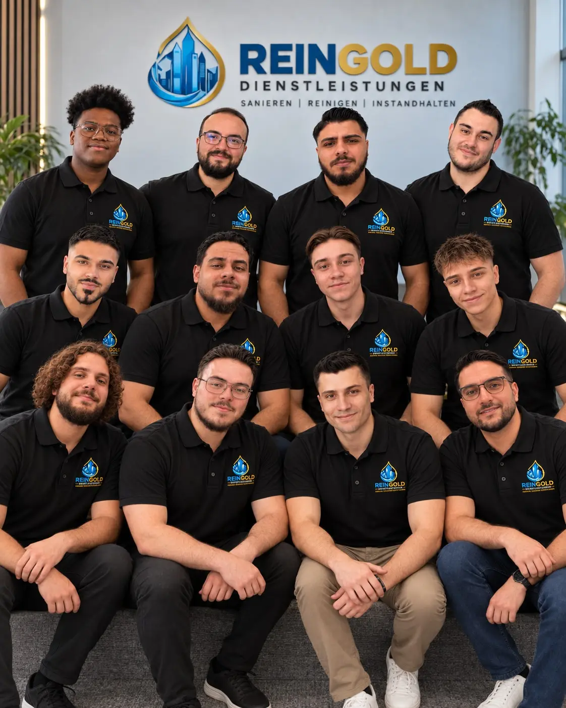 Das Reingold-Team in schwarzen Firmen-Poloshirts vor der Logowand